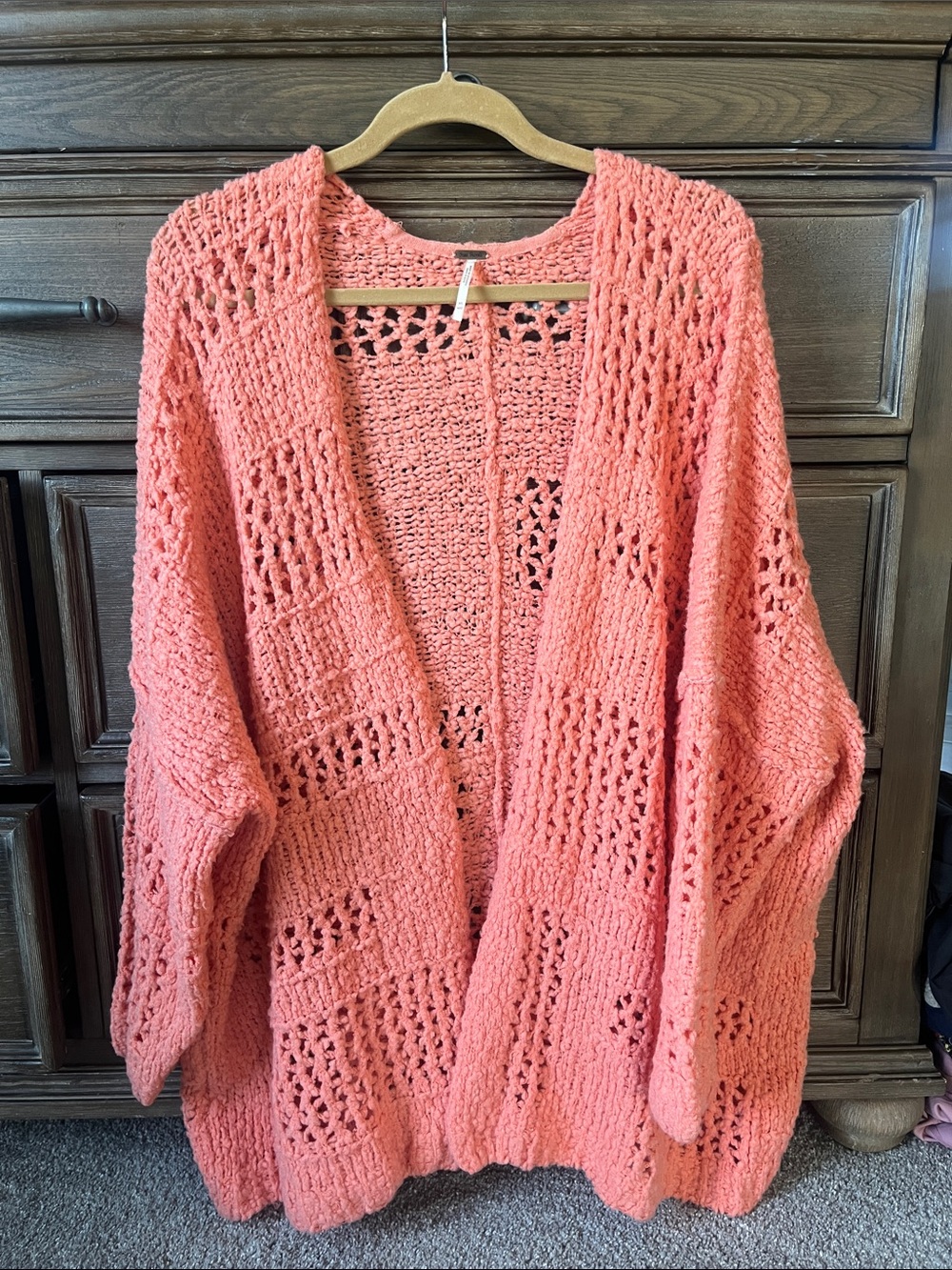 Free People Coral Open-Knit Crochet Cardigan